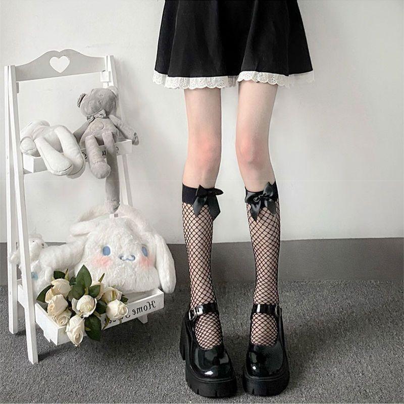 Over-the-Knee Fishnet Stockings for Women with Bowknot, Long Tube Stockings, Sexy and Pure Desire, Flirting Mid-Calf Fishnet Sto