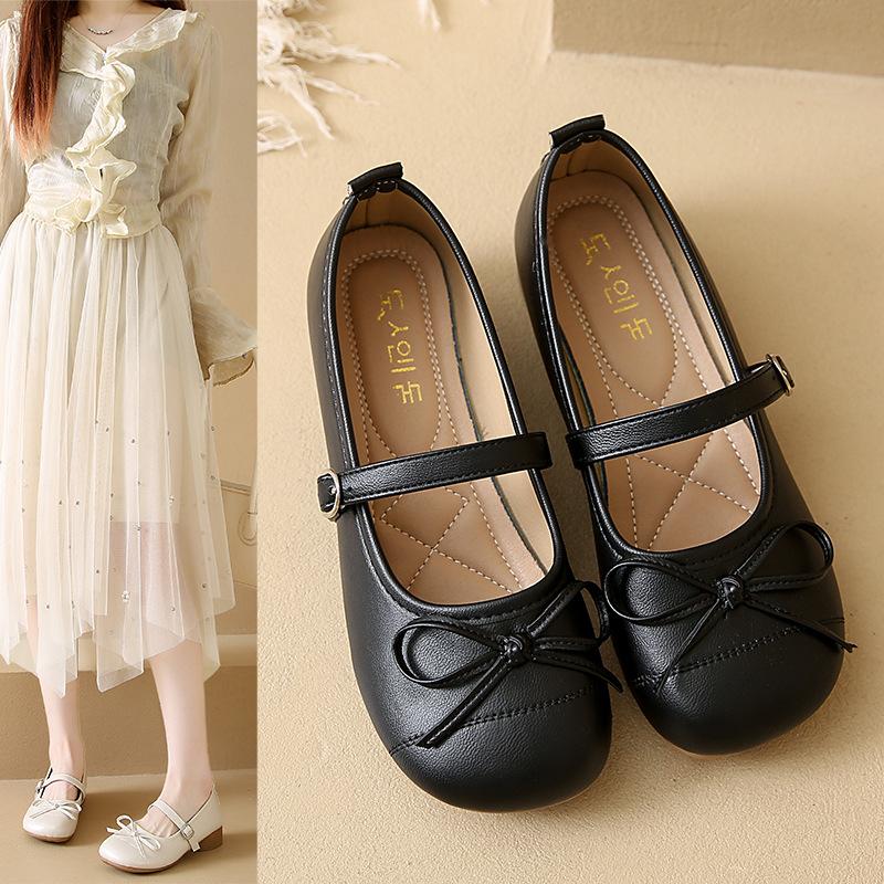 2025 new gentle and sweet style low-heeled Mary Jane shoes French bow one-word buckle band ballet single shoes women