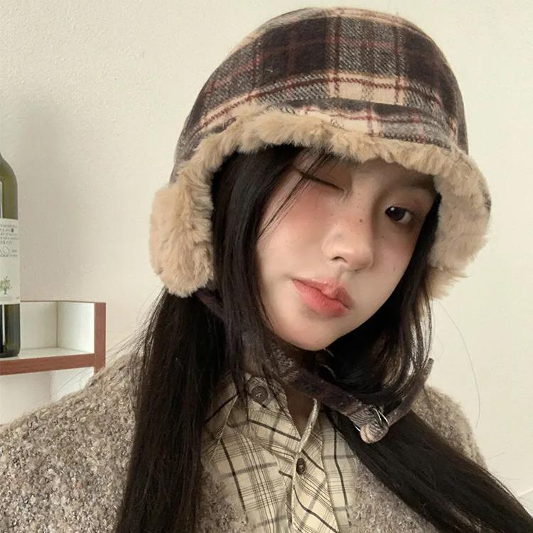 WTEMPO Retro Plaid Printed Women's Autumn Winter Retro Hats Solid Color Casual Versatile Warm Ear Protection Plush Inner Hats