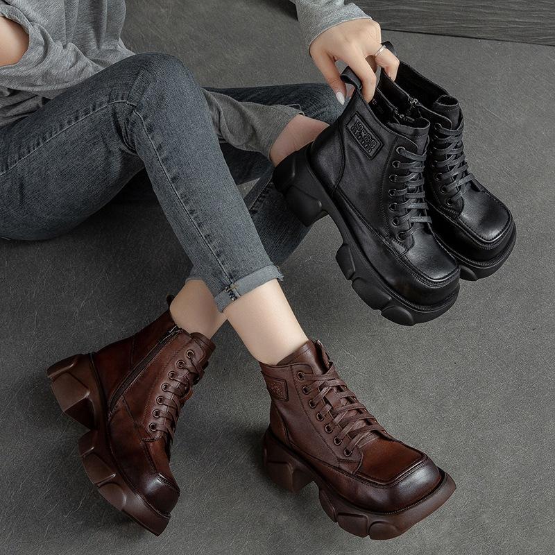 2026 New Retro Vintage Martin Boots Full Cowhide Thick Sole Height Increasing Women Boots