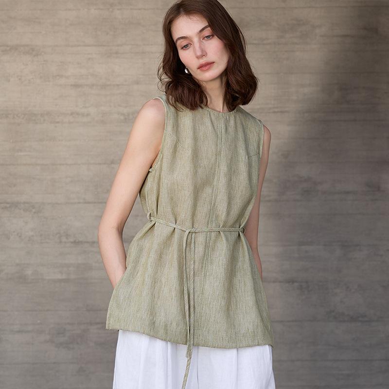 Johnature Round-neck Women Vest Camisole Summer Tie-loose Sleeveless Top Simple Sleeveless Tops
