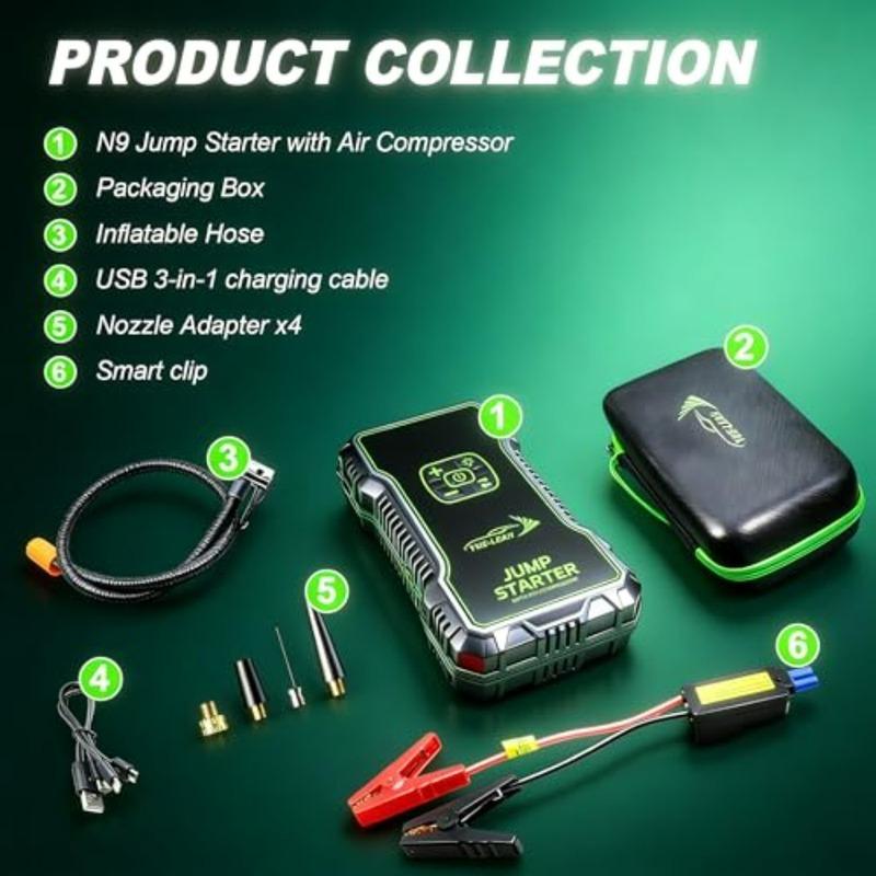 1000A Portable Jump Starter with Air Compressor for 12V Lithium Battery Power Bank Jumper Cables Red Supports 6.0L Gas 3.0L Die