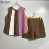 ZANZEA Women Summer Round Neck Sleeveless Vest Pocket Shorts Sets