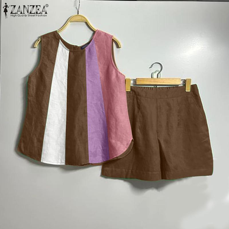 ZANZEA Women Summer Round Neck Sleeveless Vest Pocket Shorts Sets