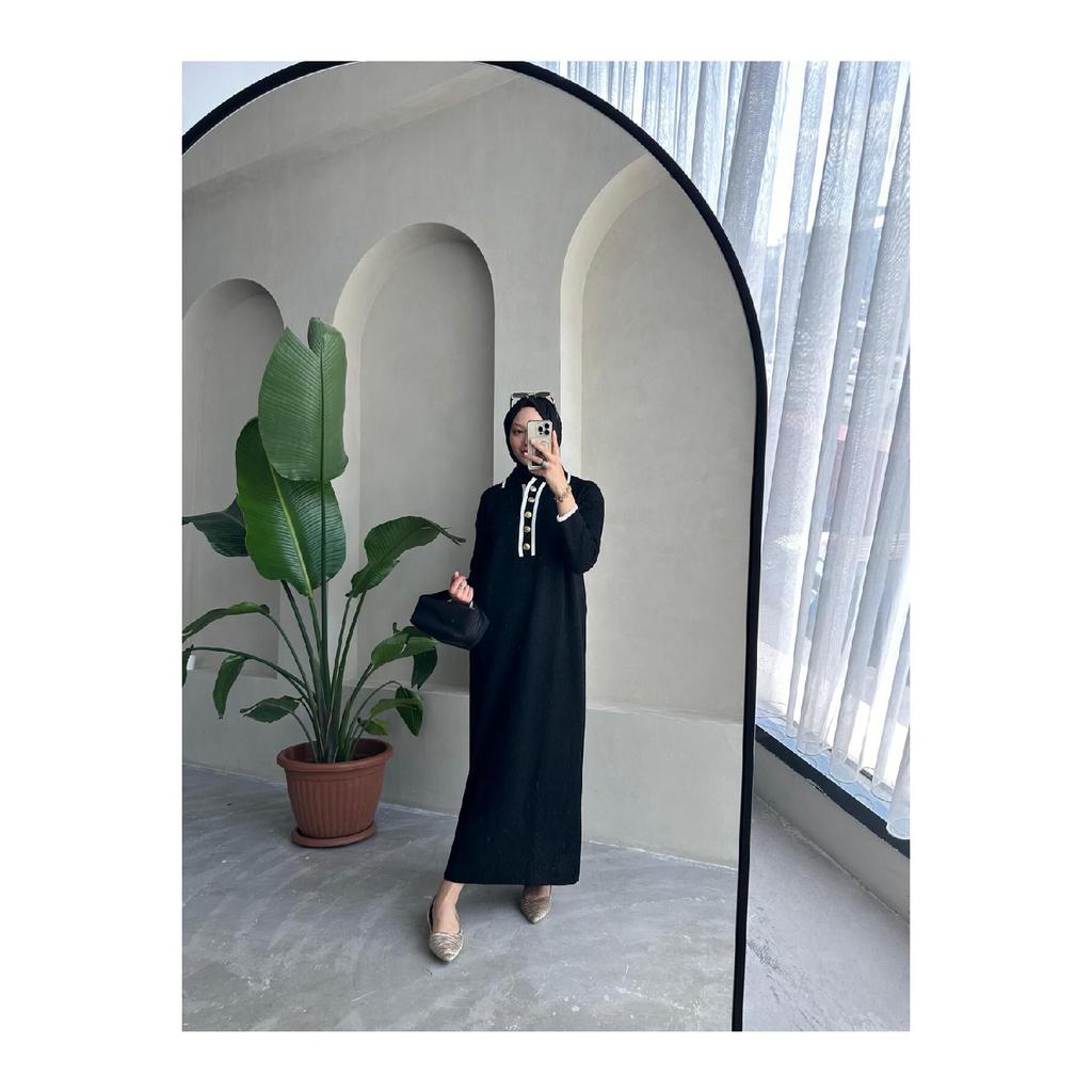 Übergroßes, geknöpftes V-Ausschnitt-Hijab-Kleid aus gerippter Strickware, geripptes langes Winterkleid in voller Länge