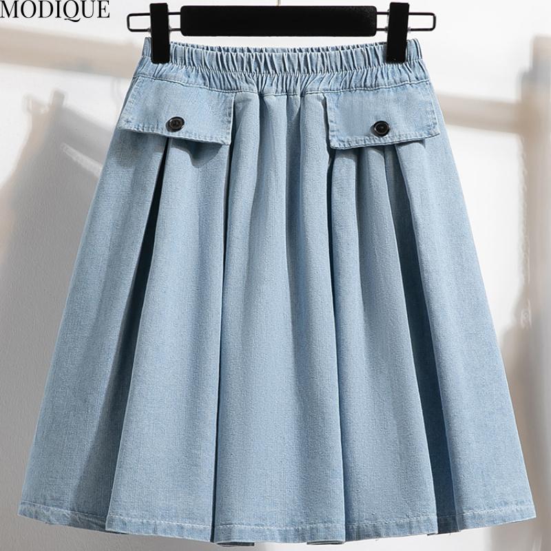 MODIQUE 2025 Nou Mărimi Mari Vară Femei Bumbac Elastic Spălare Pantaloni Treisfert Albastru Denim Fustă Plisată Dama Pantaloni Scurți Basic Casual Largi