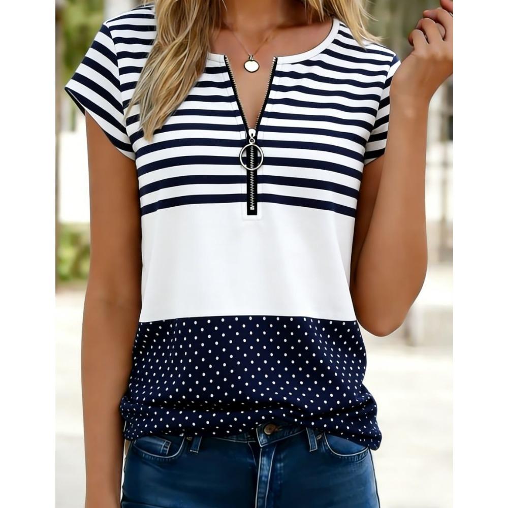 Women's Polo Shirt with Fashionable Zipper and Geometric Design, Suitable for Daily Casual Wear