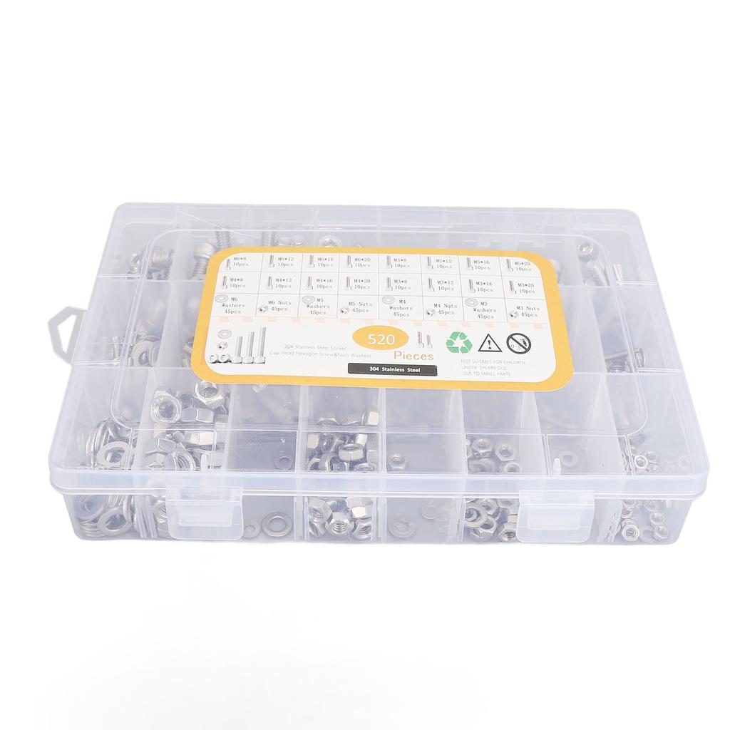 520Pcs Bolts Nuts Assortment Kit Metric M3 M4 M5 M6 Assorted Hex  Stainless Steel Screw Flat Was
