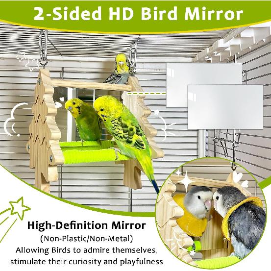 Bird Mirror Toy Perch, 2-Sided Hd Parakeet Mirrors & 2 Cotton-Wrapped Perches for Multiple Birds, Wooden Frame Hanging Parrot Swing for Cage, Safe No