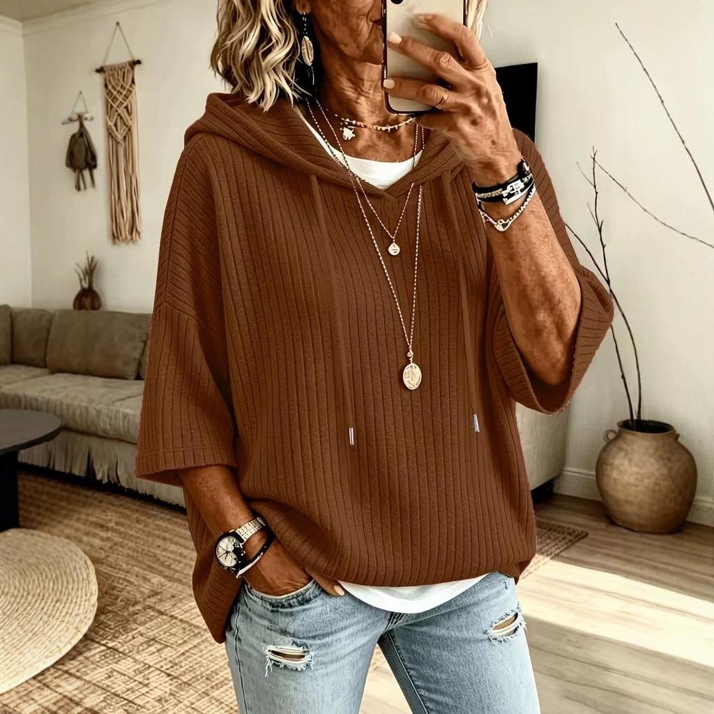 Autumn Plus Size Ribbed Batwing Sleeve Hooded Sweater for Women
