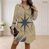 Women Plus Size V Neck Long Sleeve Printed Loose Fit Curved Hem Dress