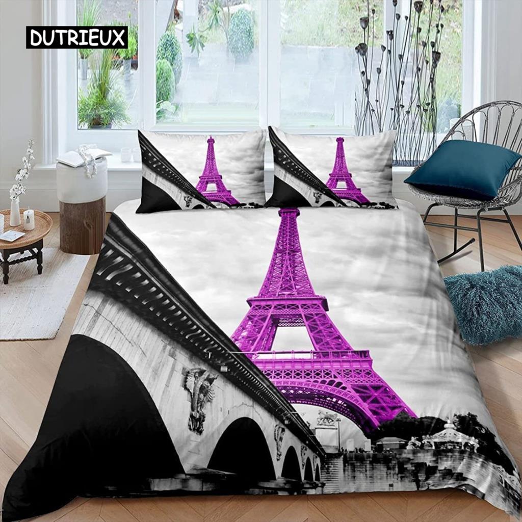 Paris Povlak na přikrývku Vintage Eiffelova věž Červený deštník Měkký prodyšný Paris Povlečení z mikrovlákna Double Queen King Povlak na přikrývku