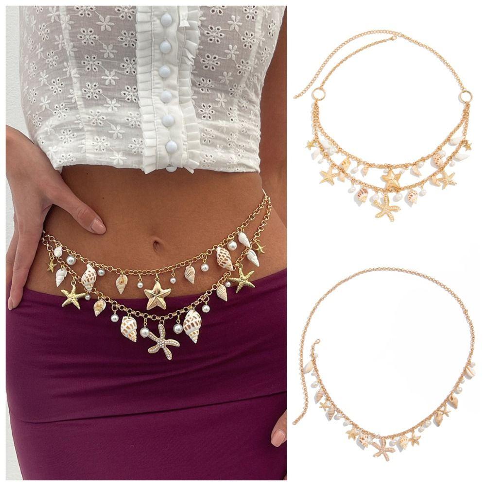Imitation Pearl Beach Shell Waistband Adjustable Women's Necklace Shell Starfish Waist Chain  Women