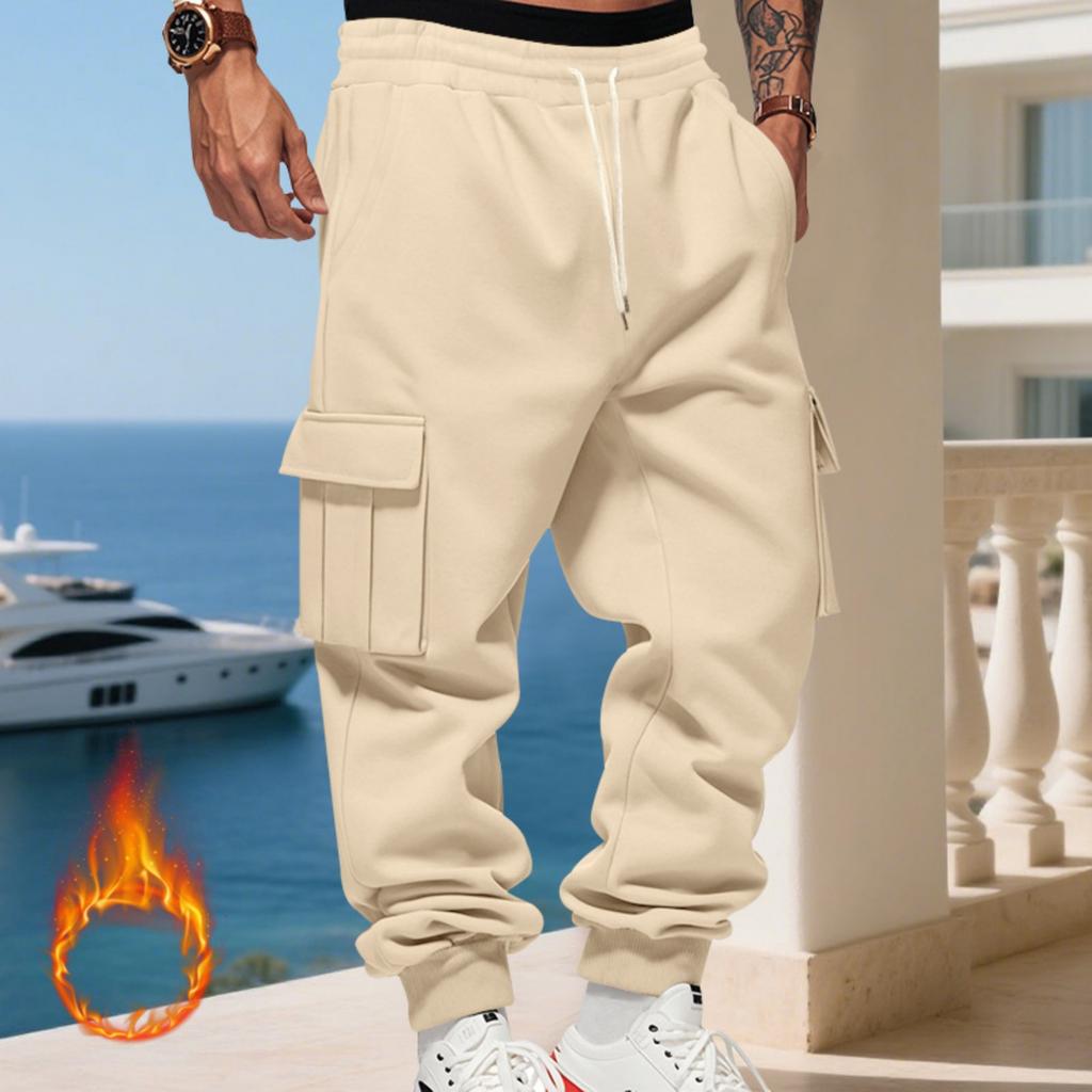 Men's Loose Fit Cargo Joggers - Thickened Warm Pants With Pockets,Casual Running Trousers