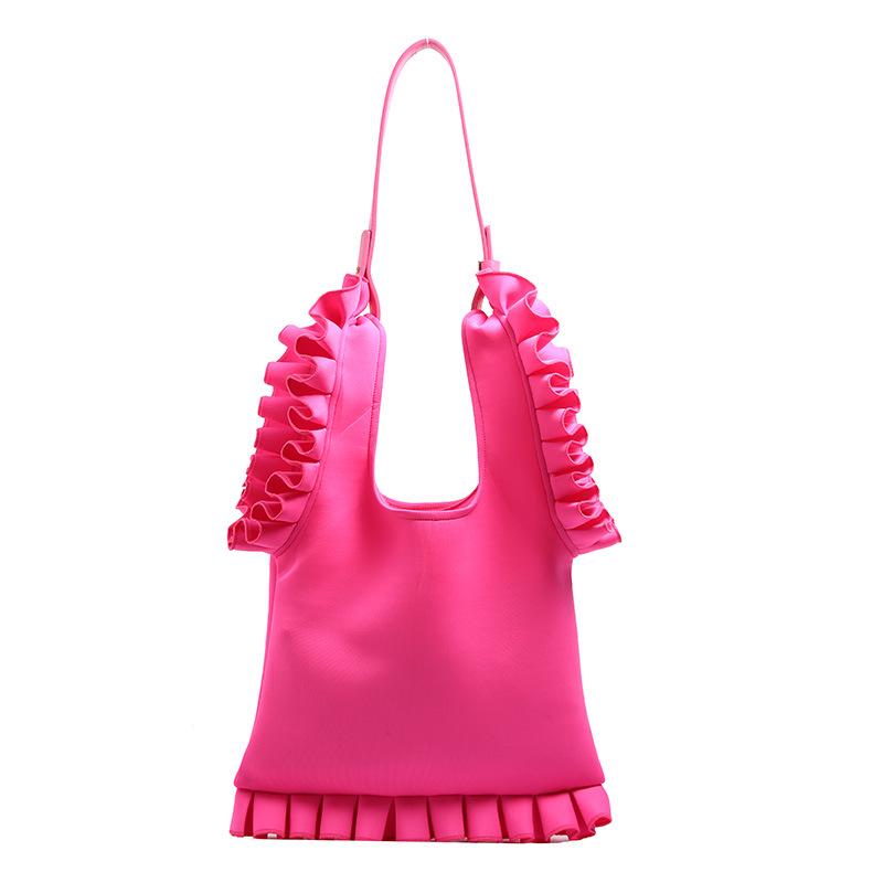 Korean Fashion Large Capacity Shoulder Bag Handbag Pleated Ruffle Trim Bright Solid Color Underarm Bag for Women
