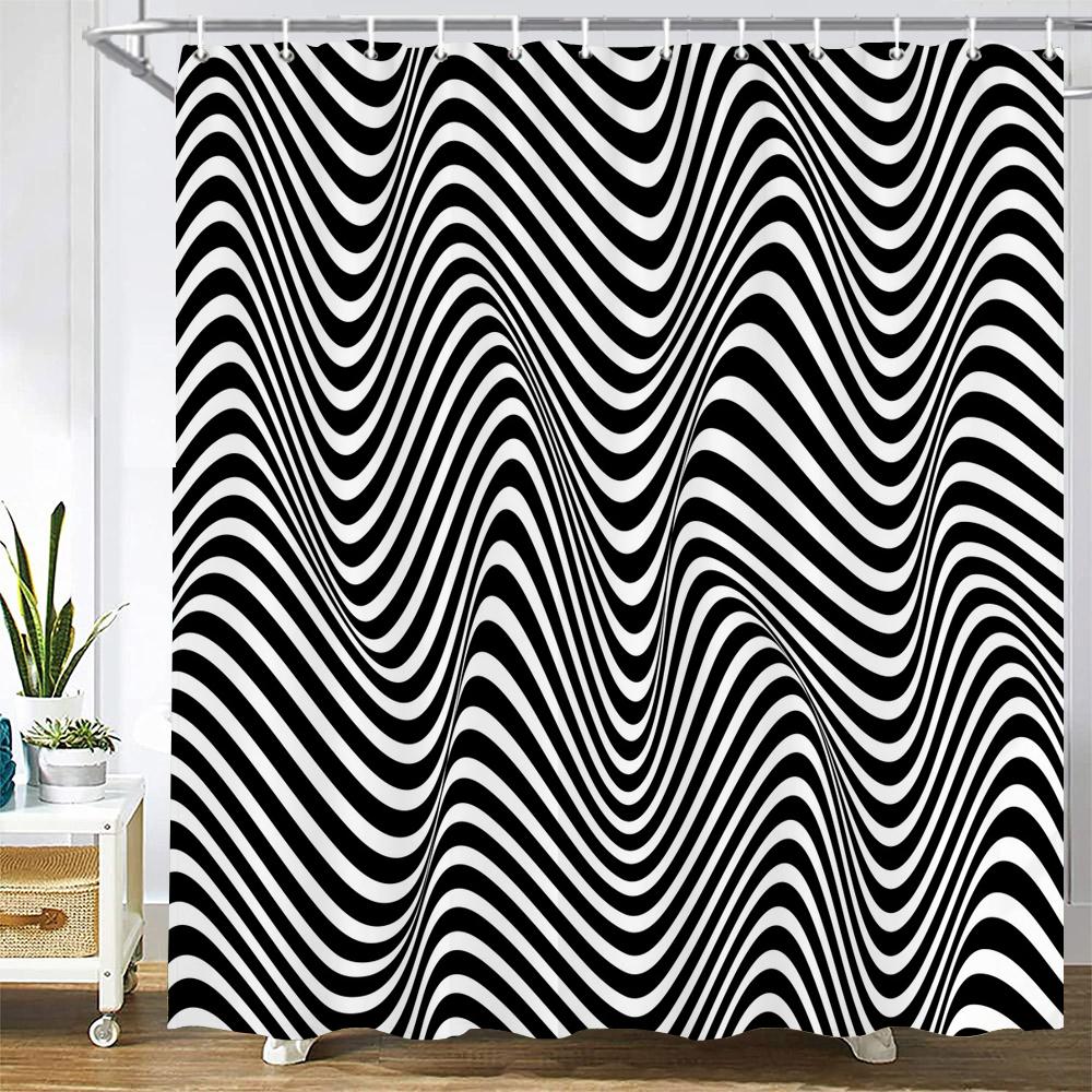Black And White Geometry Print Bath Curtain Simple Art Abstract Waterproof Shower Curtains For Bathroom With 12Pcs Plastic Hooks