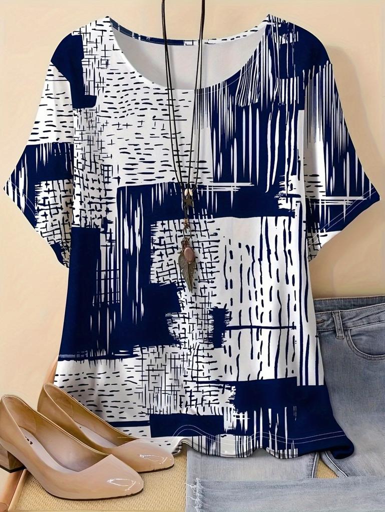 Women O-Neck T-Shirt Fashion Short Sleeves 3D Print Geometry Tops Casual Loose Korean-Style Fashion Street 2026 Summer Clothes