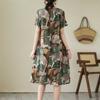 Temperament V-neck MIDI Vintage Print Loose A-line Skirt Short-sleeved Dress