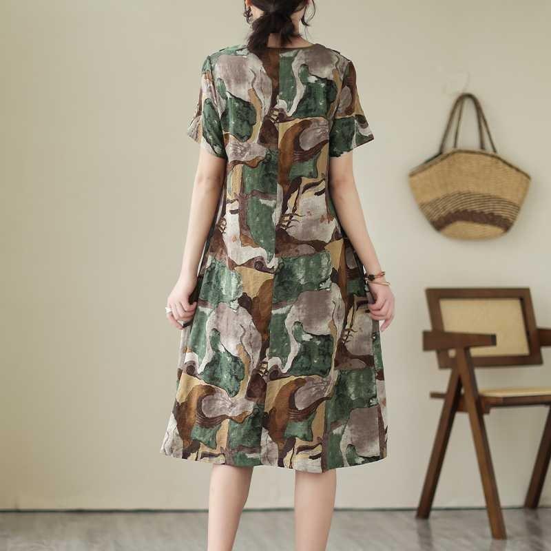 Temperament V-neck MIDI Vintage Print Loose A-line Skirt Short-sleeved Dress