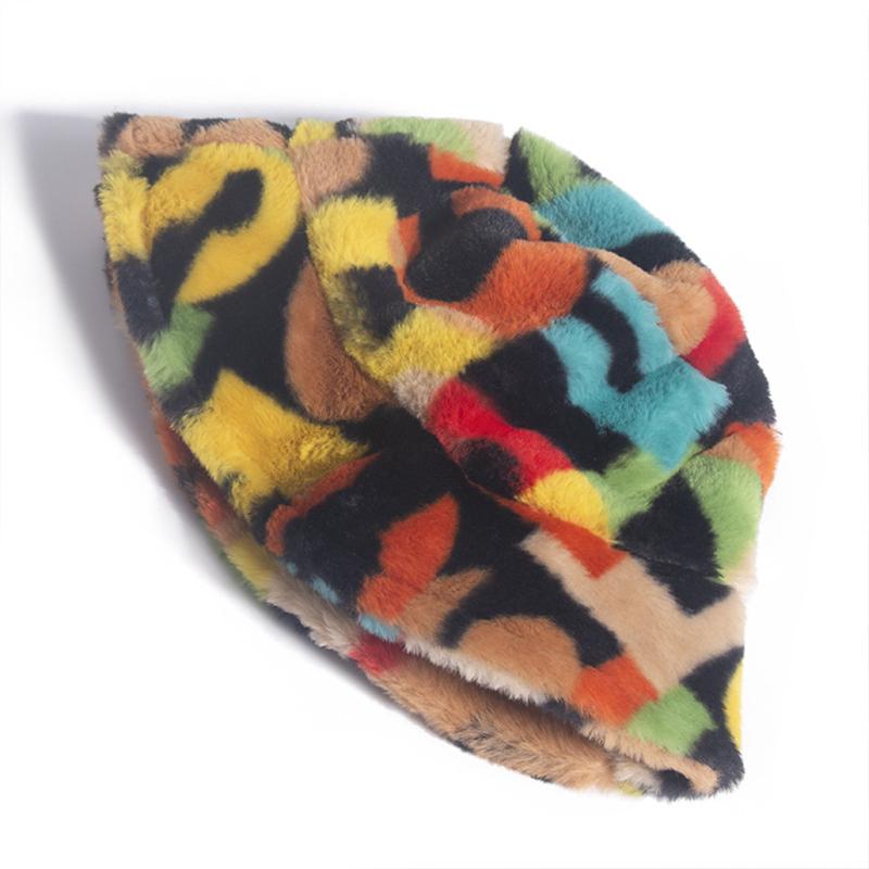 ZJL220 Women Winter Thicken Warm Fuzzy Plush Bucket Hat Colorful Alphabet Letters Print Harajuku Outdoor Packable Fisherman Cap