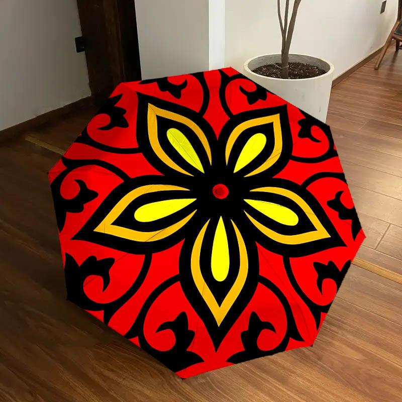 

1pc Red Floral Pattern Automatic Folding Umbrella, Portable Collapsible Design, 8-Rib Iron Frame, Outdoor Accessory yy250905078