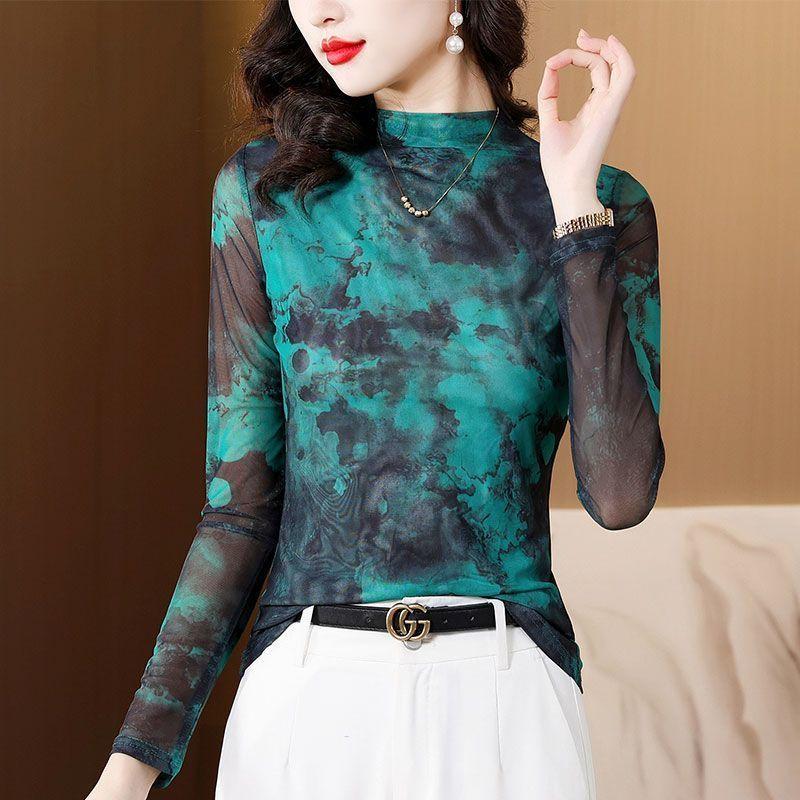 

Топ-футболка с высоким воротом, сетчатым низом с принтом, облегающего кроя, эластичная, с длинным рукавом, в зарубежном стиле L 105-120