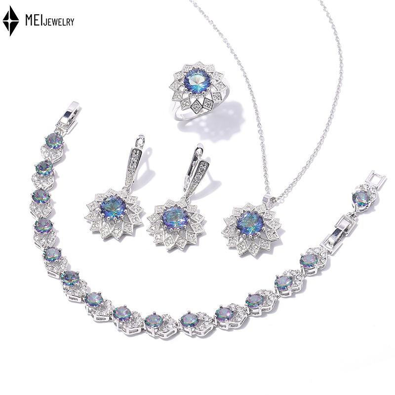 Culori Multiple Rotund Cupru Incrustat Zirconiu Cubic Placat Platină Colier Cercei Inele Brățări Set Bijuterii