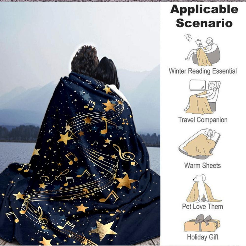1pc Music Stars Print Blanket - Lightweight Flannel Throw Blanket For Sofa, Bed, Living Room, Office, Outdoor Travel, Camping, Soft All-Season Throw