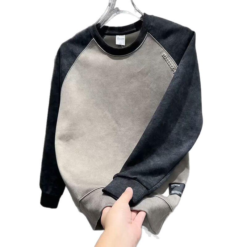 Men's Korean Tie-Dye Raglan Sleeve Hoodie - Velvet Color Block, Round Neck, Casual Mature Style.