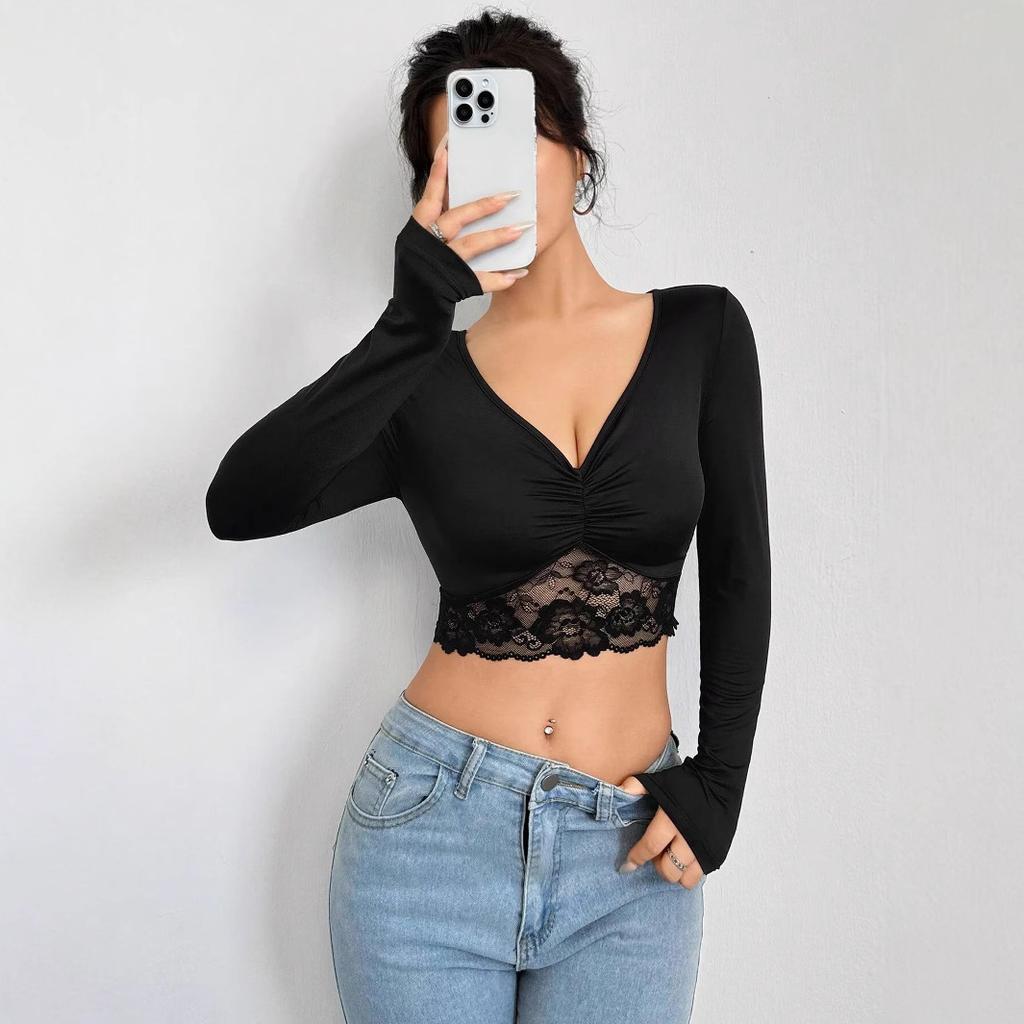 Women's Deep V-neck Long-sleeved Lace Patchwork Ruffled Short Section T-shirt Tops for Women Versatile Closet Essential Fashion Items Shirt