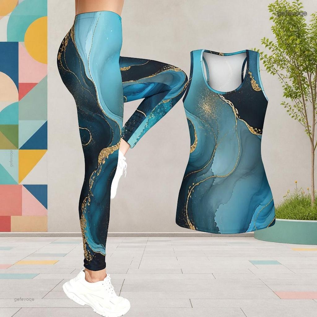 Women Plus Size Two Piece Set Scoop Neck Sleeveless Printed Tank Top Fitted Black Gold Leggings