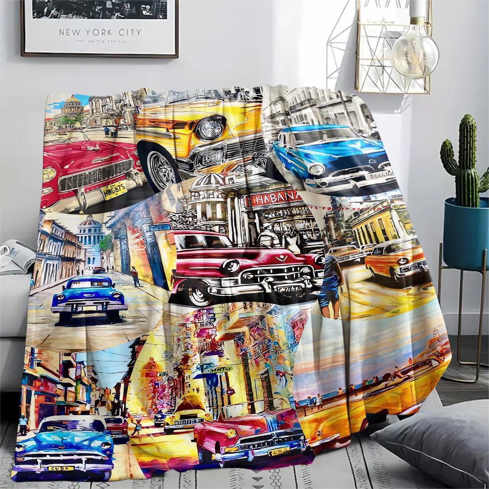1Pc Vintage Car Print Flannel Blanket, High Quality Comfortable for All Seasons, Home Decor, Warmth and Comfort, Perfect for Christmas Gifts