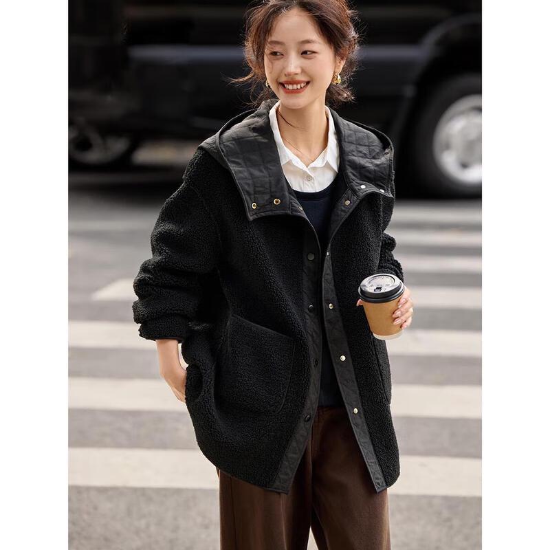 MOHANIMEI Korean Style Faux Lamb Wool Patchwork Hooded Jacket