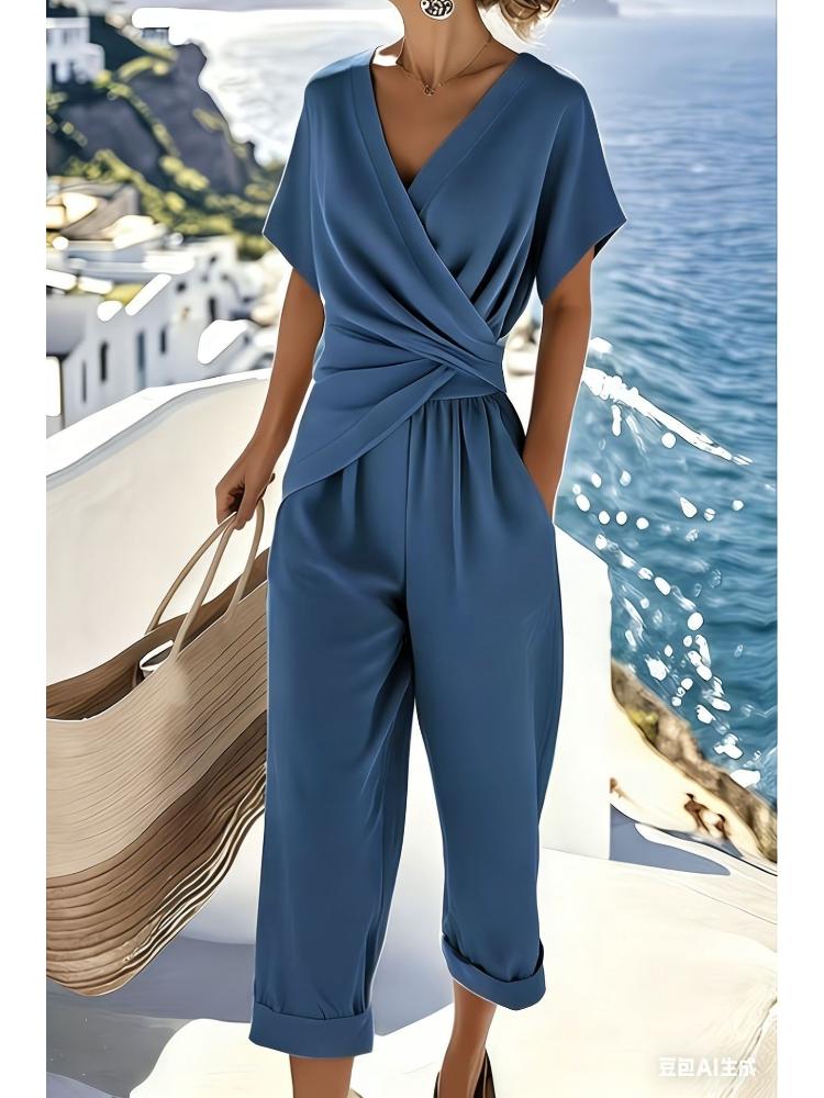 Damen V-Ausschnitt Kurzarm Jumpsuit Lässiger Wickelfront Caprihose Lockere Passform Sommer Playsuit M gray