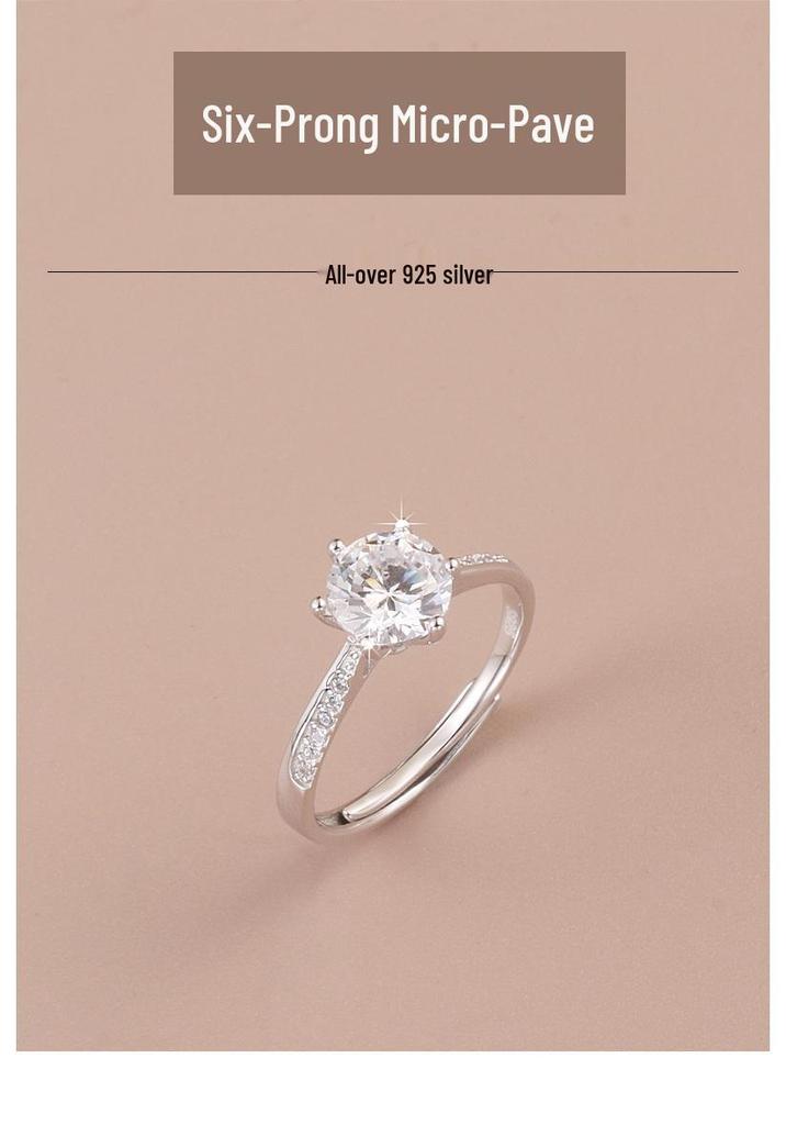 S925 Sterling Silver Adjustable Six-Prong Diamond Simulated Ring for Women - Elegant, Light Luxury Proposal Jewelry