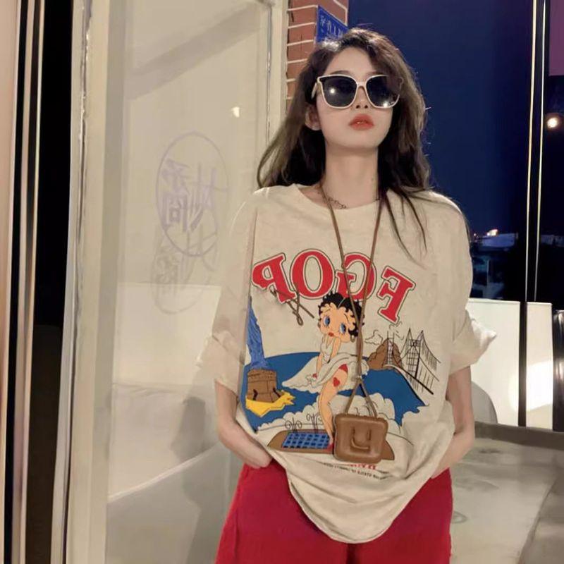 

Vintage American Retro T-Shirt for Women, Plus Size, Pure Cotton, Short-Sleeved, Loose Fit, Slimming, Trendy Ins-Style Niche Design Top Flower Ash M [Recommendation 40-50kg]
