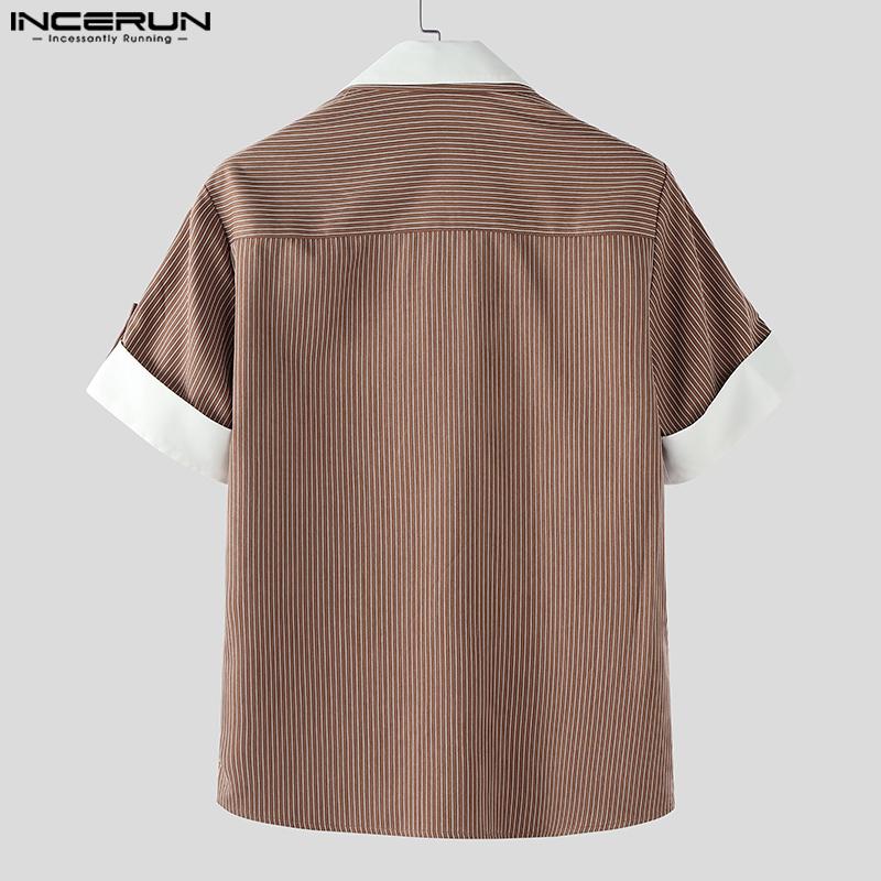 INCERUN Men Turn-down Collar Short Sleeve Patchwork Striped Casual Texture T-shirts