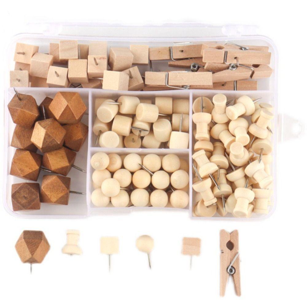 128Pcs Creative Wooden Push Pins DIY Thumb Tacks Geometric Shape Pushpins  Office School Supplies