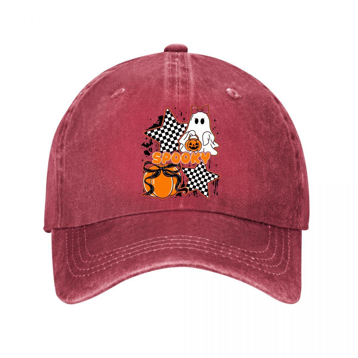 Spooky Ghost Pumpkin Bats Stars Checkerboard Halloween Design Washed Baseball Cap Outdoor For Womens Unisex FeUnisex One Size