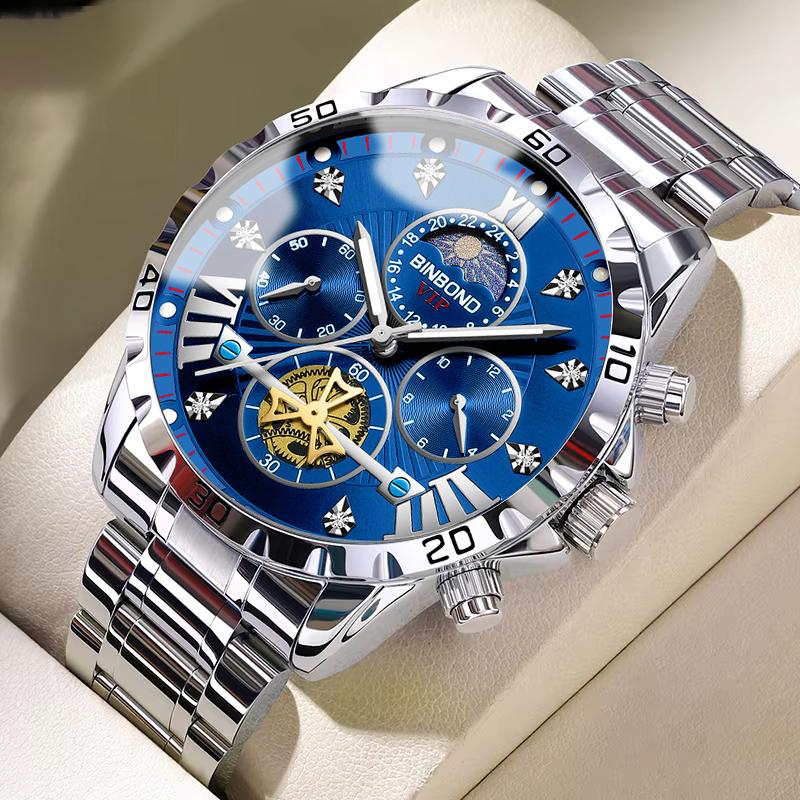 BINBOND Trend Fashion Men Watches Fine Steel Original Brand Quartz Wristwatch for Man Flywheel Chronograph Moon Phase Waterproof