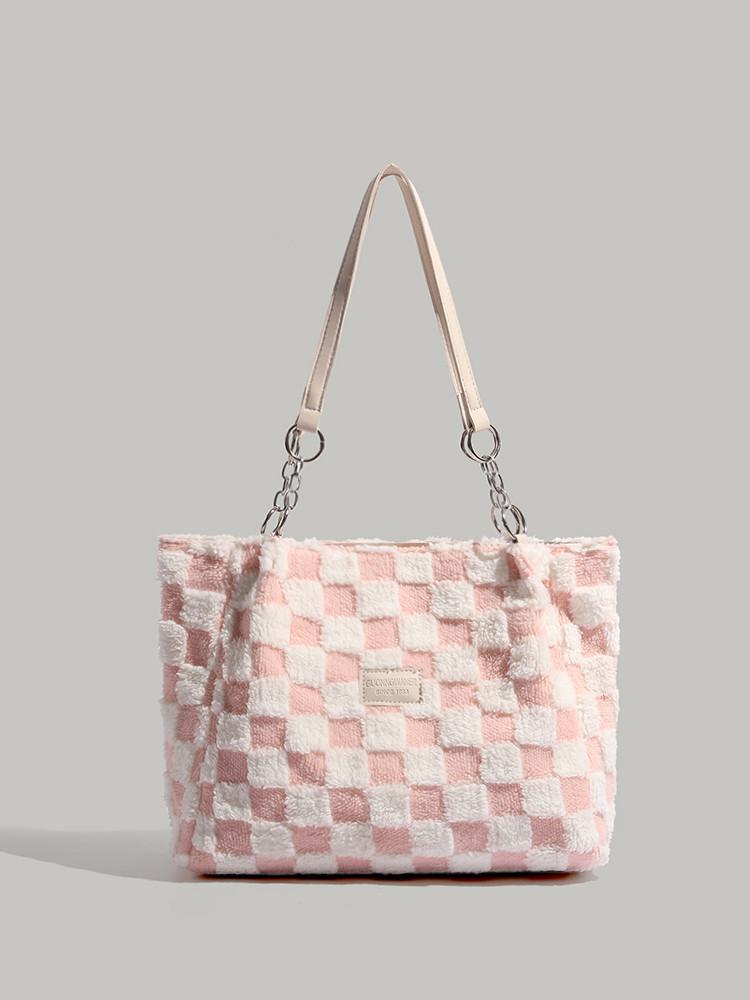 

Large capacity plush bag women s autumn and winter new niche design commuter plaid shoulder bag student class tote bag розовый