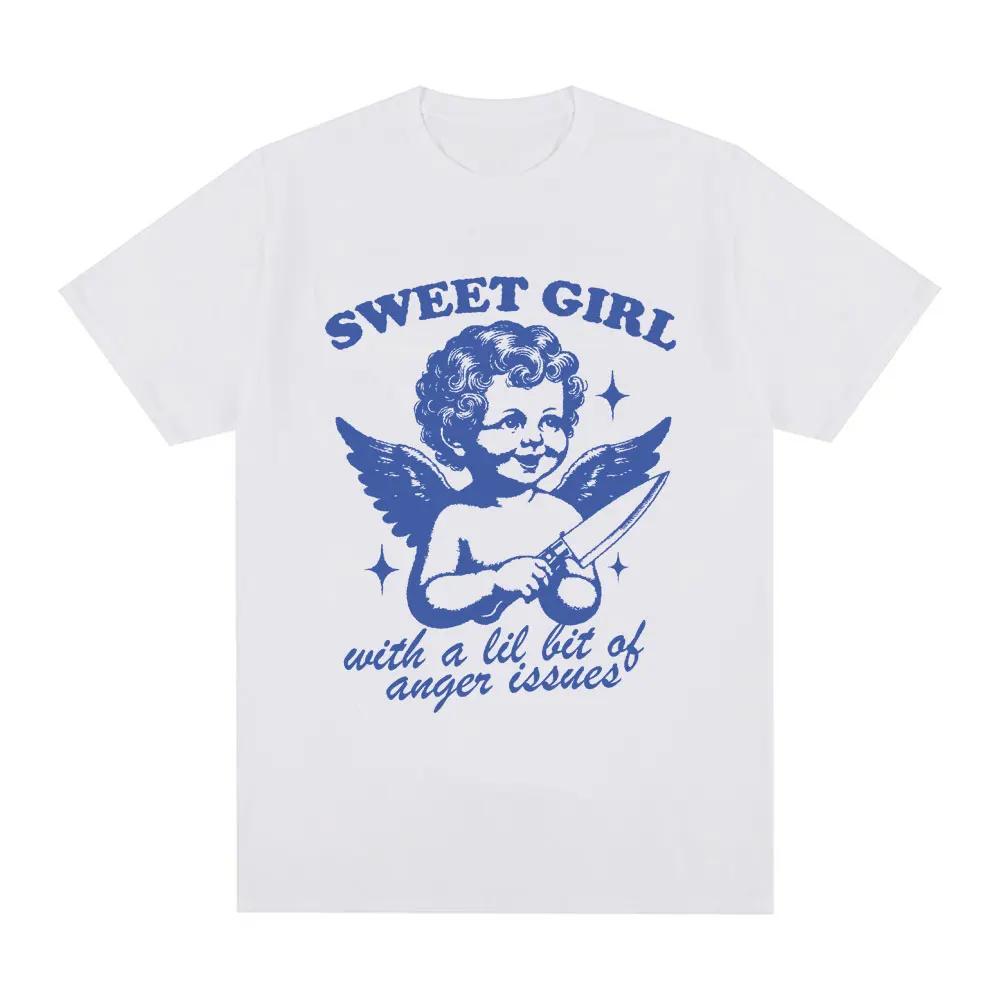 Sweet Girl with Anger Issues T Shirt Funny Angel Lovers T-shirts 100% Cotton Casual Oversized Short Sleeve Tee Shirt Unisex