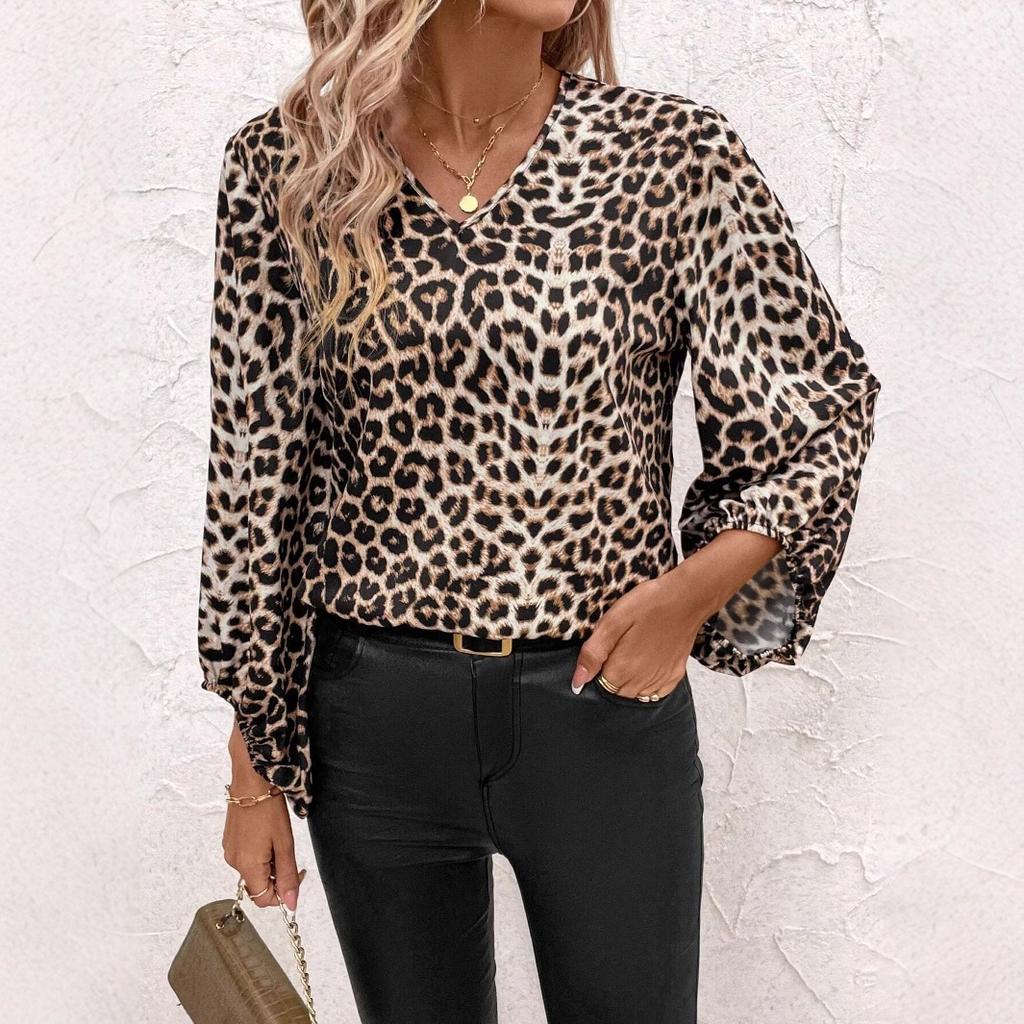 Women's spring new trend loose v-neck leopard print casual long-sleeved top