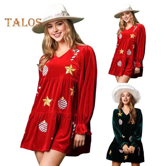 Weihnachtskleid für Damen, festlich, mit Sternendruck, Patchwork, Pailletten, A-Linie, plissiert, V-Ausschnitt, lange Ärmel, Rüschen, Samt, Party, Neujahr, Minikleid