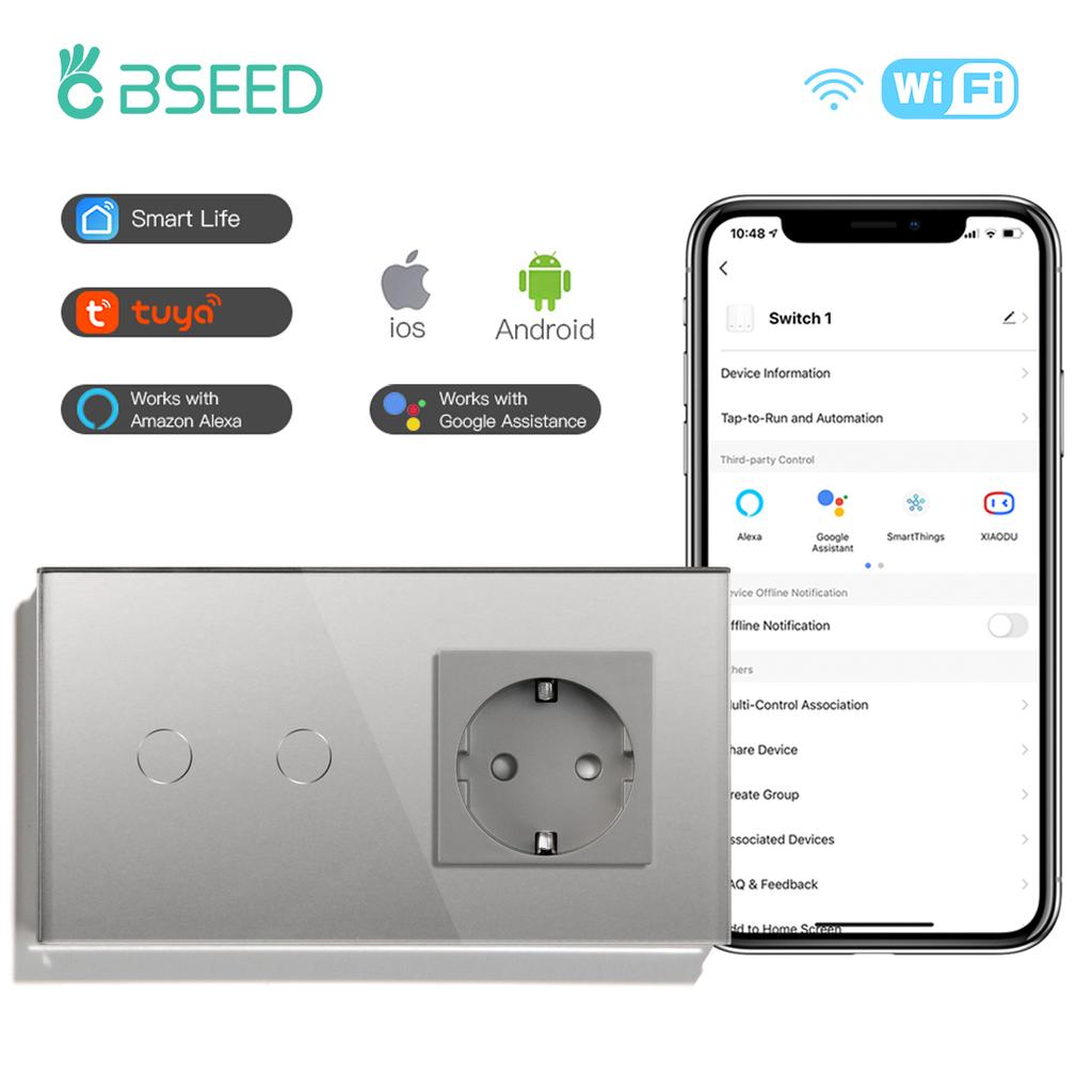 BSEED Wifi Smart Touch Switches 1/2/3Way For Stairs Plus Normal EU Wall Sockets Tuya Smart Life Alice App Control Gray Series