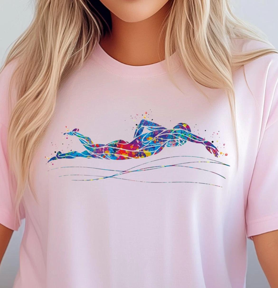 Swimmer Art T-shirt, Colorful Geometric Swim Design, Swim Team Tee, Freestyle L