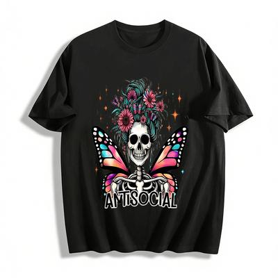 Antisocial Skeleton Fairy Butterfly Wing Graphic Casual Top Pure Cotton T-shirt