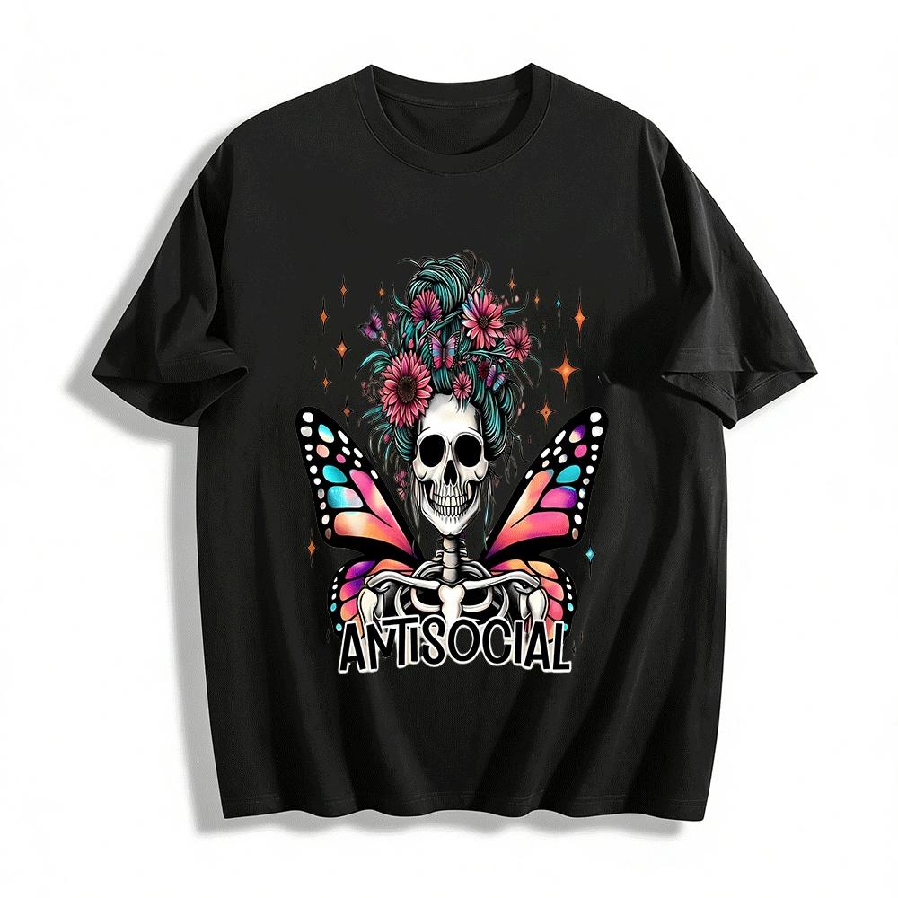 Antisocial Skeleton Fairy Butterfly Wing Graphic Casual Top Pure cotton T-shirt XXS