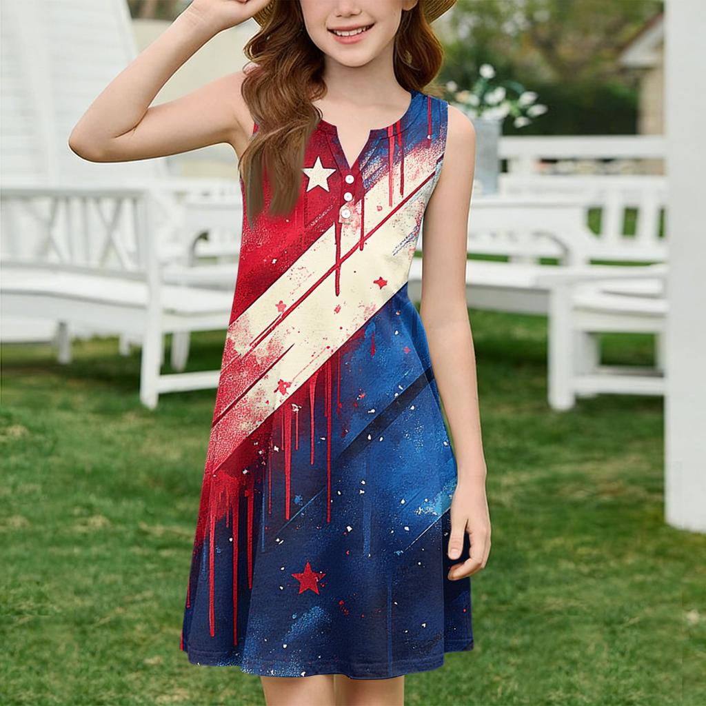 Girl Summer Dress Color & Print Sleeveless Dress With Pocket Casual Dress Sleeveless Party Dress Independence Day