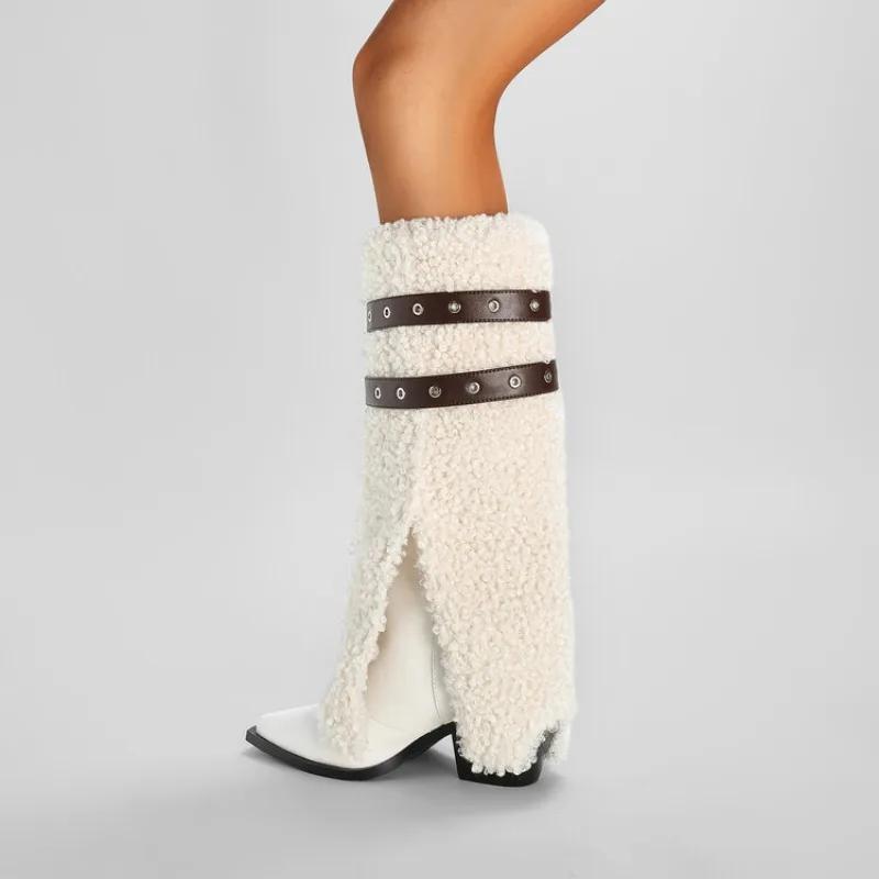 Fashion New Belt Buckle Personalized Design Plush Boots European American Fashion Black and White Spicy Girl Sexy Women's Boots Size 43